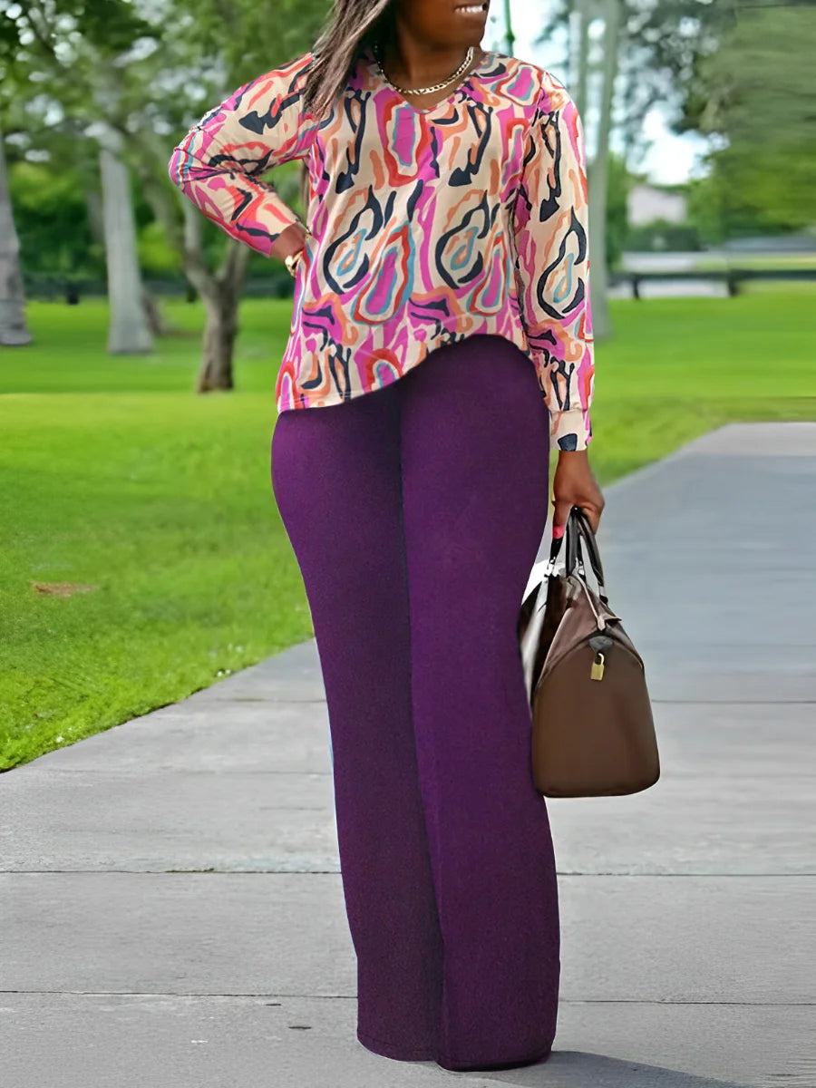 LW Plus Size V Neck Mixed Print Side Split Pants Set Casual Long Sleeve Top Fashion Loose Two Piece Set Outfit MULTI