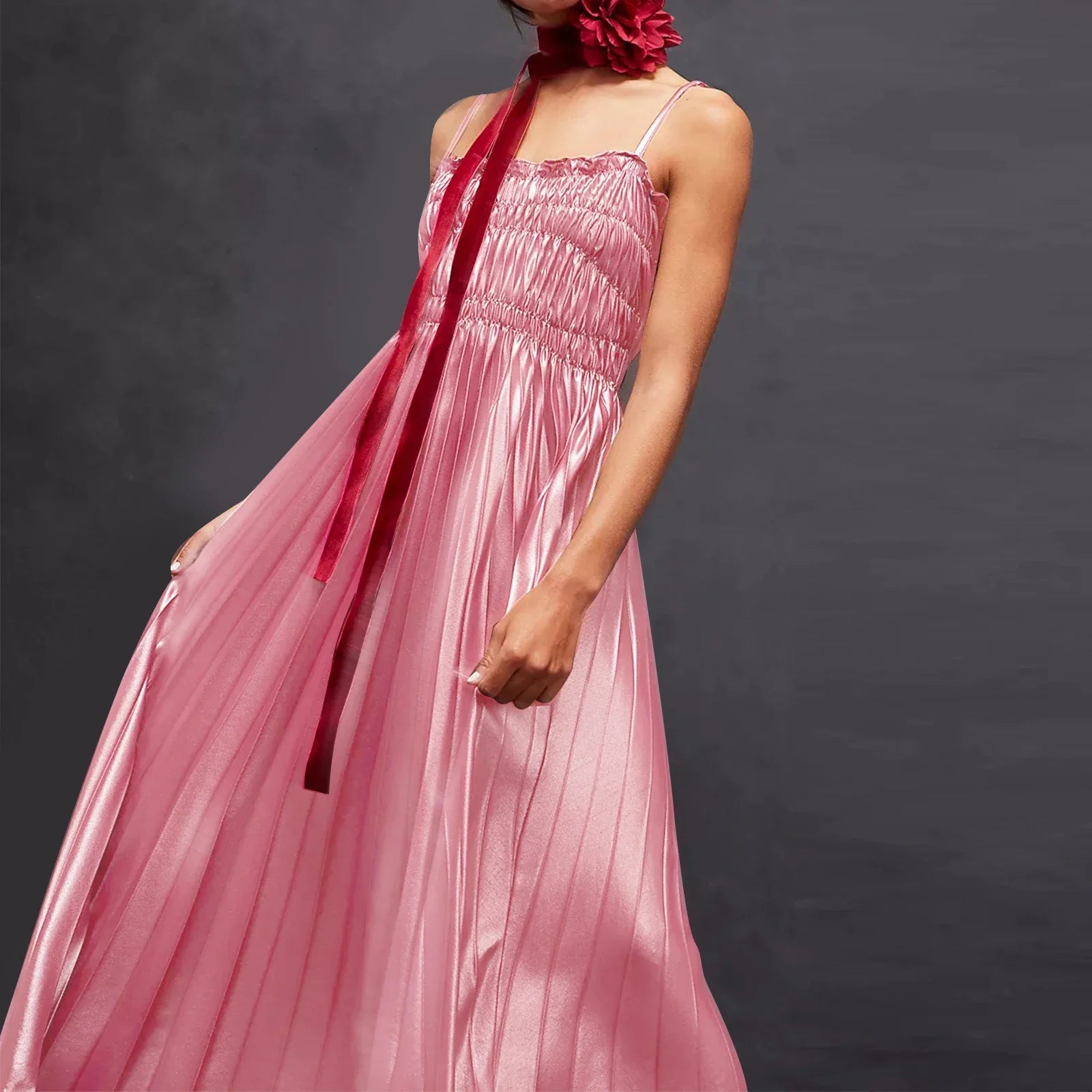 Women's Long Dress Adjustable Shoulder Straps Pleated Dinner Party Dress Smocking at bust Square Neck A-line Fit Dresses Femme