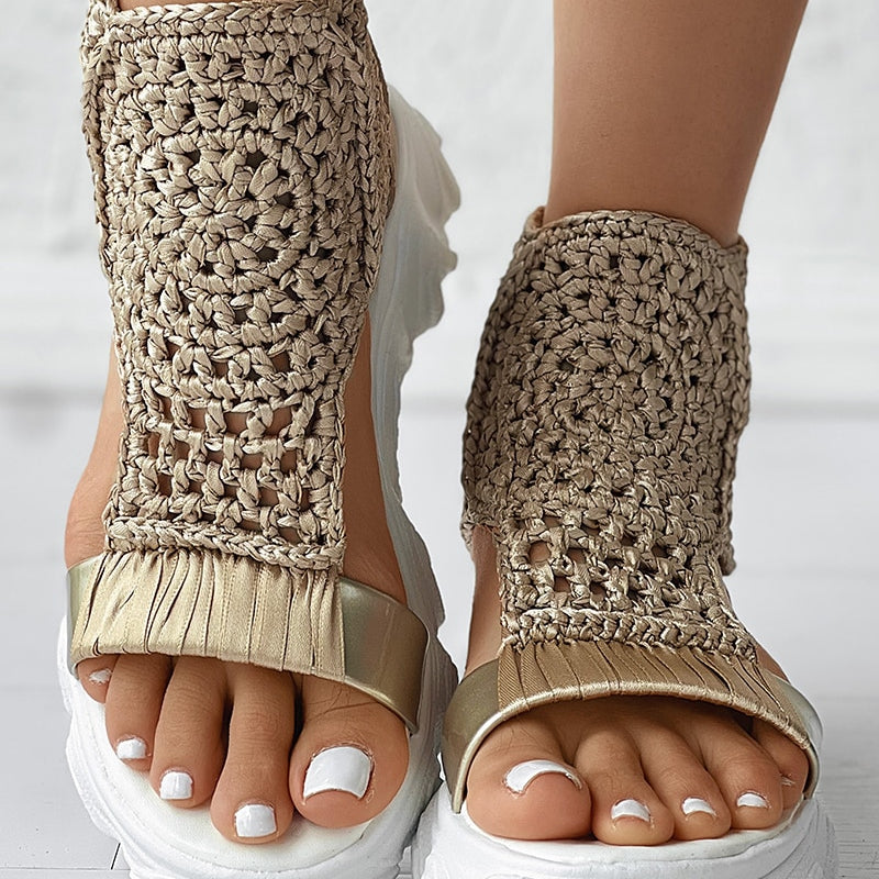 Sandals Women Braided Geometric Wedge Sandals Knitted Elastic Summer Shoes Mesh Flat Sandals Hollow Female Platform Shoes Khaki