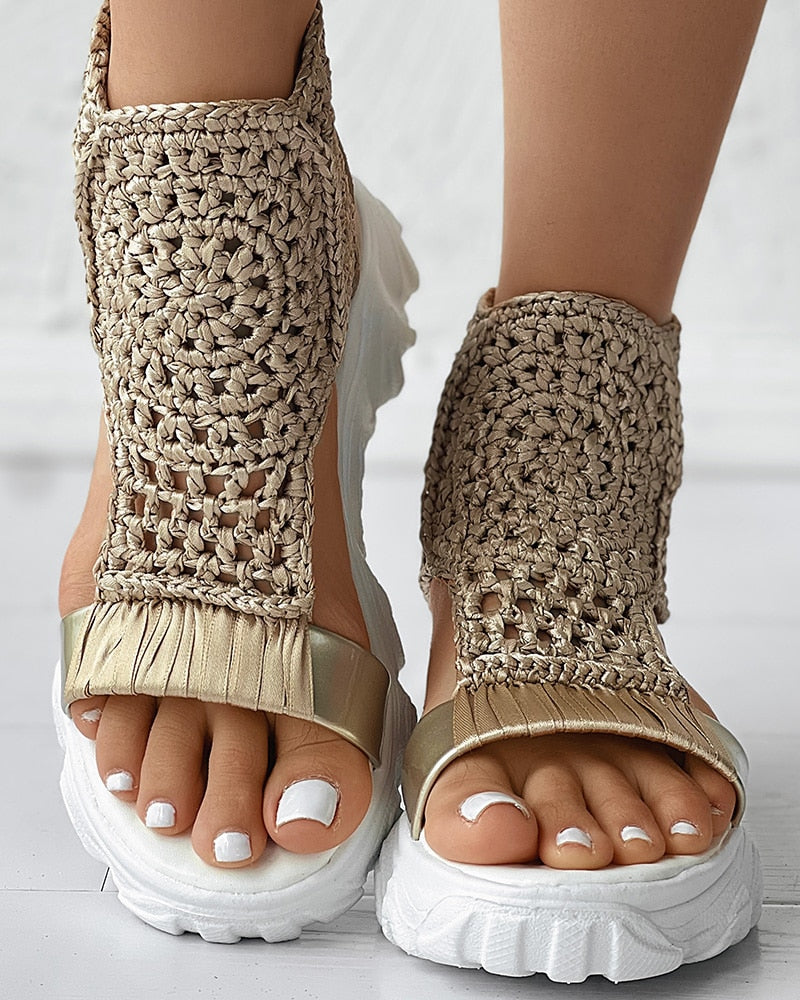 Sandals Women Braided Geometric Wedge Sandals Knitted Elastic Summer Shoes Mesh Flat Sandals Hollow Female Platform Shoes Khaki