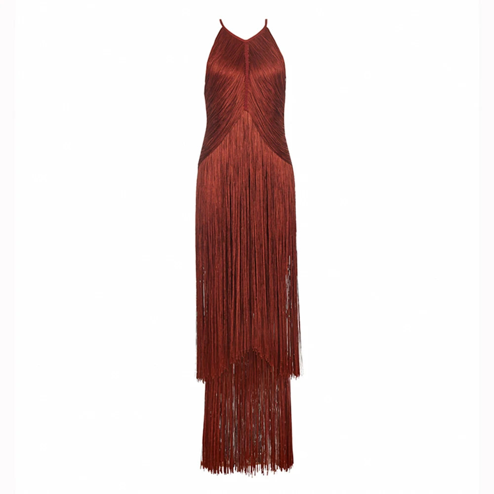 Modphy Sexy Tassel Ankle Bodycon Bandage Long Dress 2025 New Celebrity Elegant Evening Club Luxury Birthday Party Outfit  Brown
