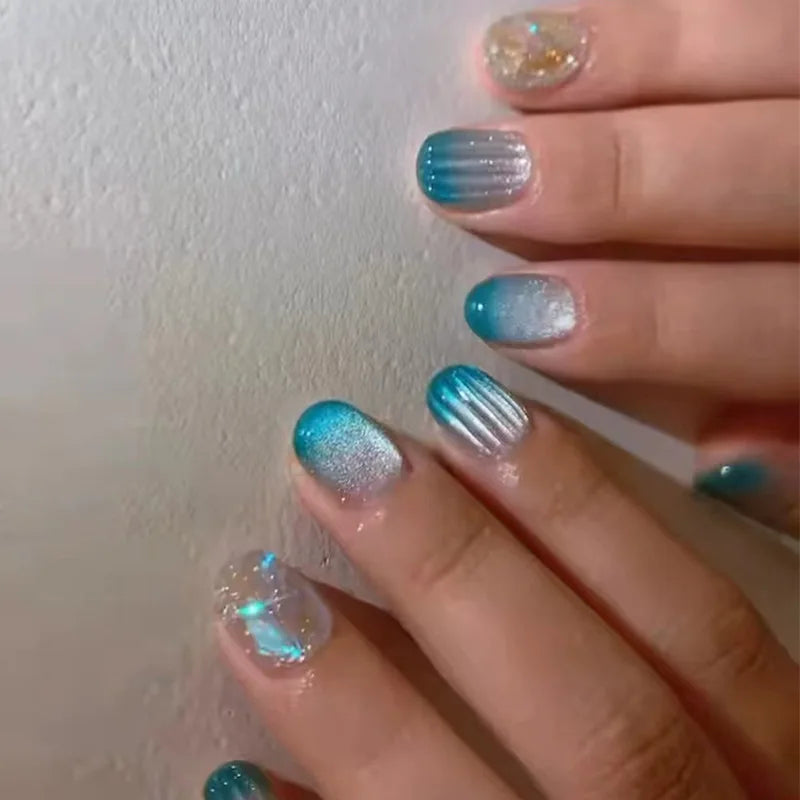 24pcs/set short middle fake nails super sparkling glitter flowers starry sky ballet square almond tips press on false nails art 1557