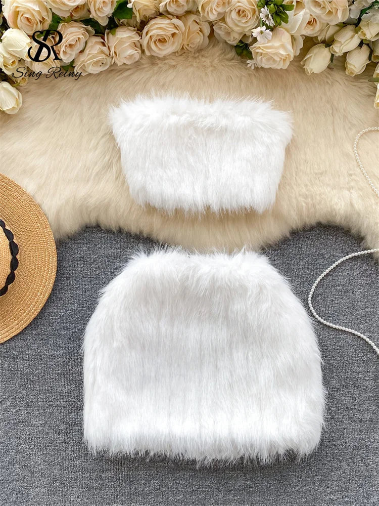 SINGREINY American Hotsweet Sexy Two Pieces Sets Women Strapless Short Tank Top+Bodycon Mini Skirt Fashion Solid Feather Suits white