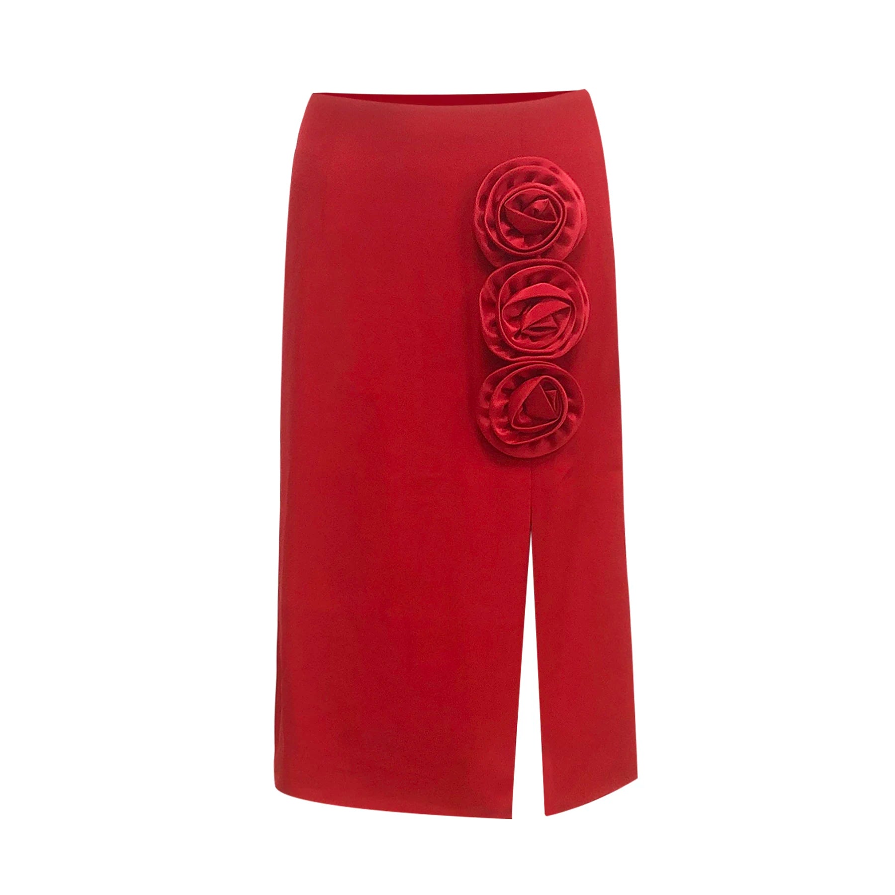 Stylish Chic Casual Red High Waisted Midi Bandage Dress Three Dimensional Roses and Slits Party Outdoor Skirt Red