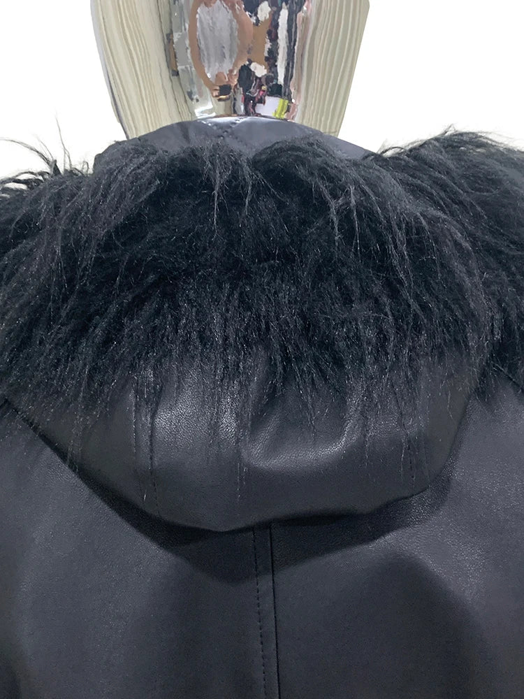 Mauroicardi Autumn Winter Short Oversized Black Warm Pu Leather Jacket Men with Faux Fur Trim Hood Loose Casual Korean Fashion