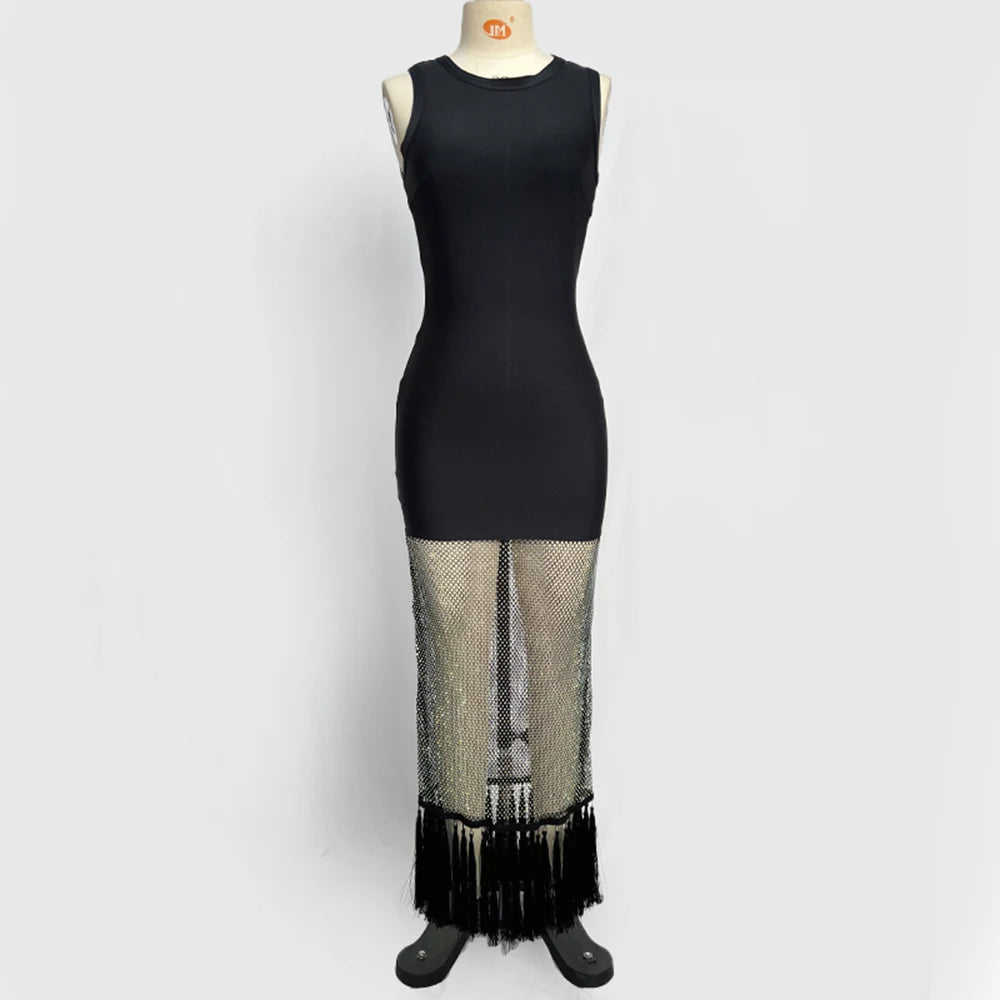Black tassels Evening Party bandage Long Dresses Elegant Sleeveless Diamond Mesh Patchwork Maxi Dress Women 2025 Summer Vestidos black