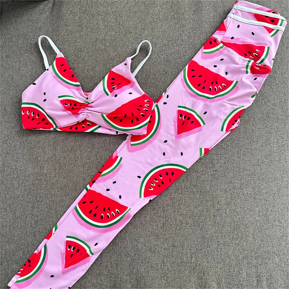 Nylon Women Yoga Set 2PCS Gym Scrunch Workout Pant Female Push Up Bra High Waist Leggings Fitness Sport Wear Active Suits watermelon
