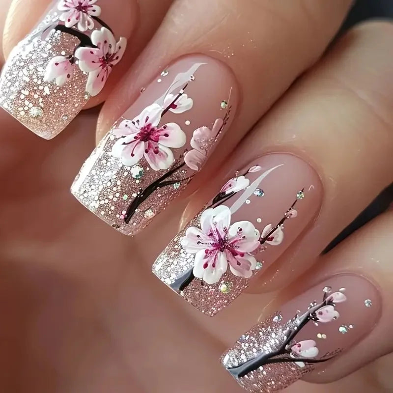 24pcs/set Medium long fake nails yellow dragon flowers feather design for Spring summer Square almond tips press on false nail 2229