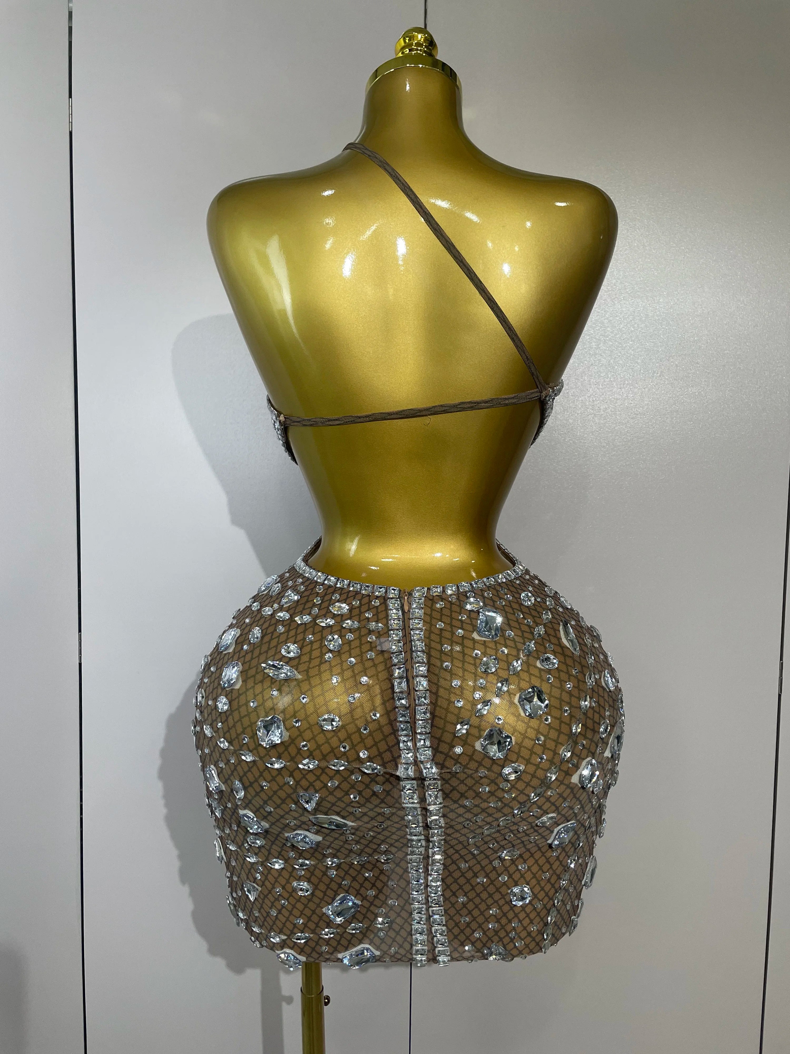 Stock Women Sparkly Big Crystal Sexy Off the Shoulder Mesh See Through Mini Dress Nightclub Party Celebrate Birthday Dress