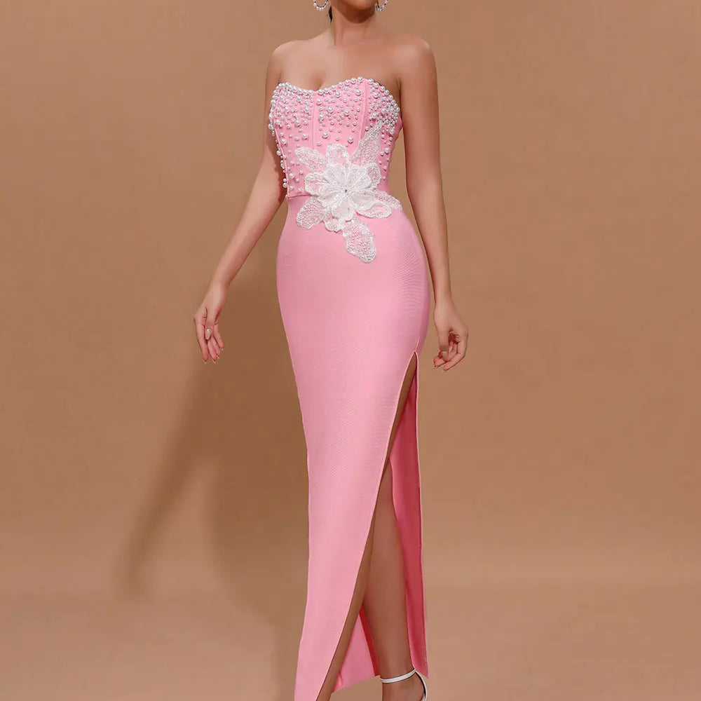 2025 Spring Sexy Women's 3D Flower Pearl Bandage Dress Strapless Sleeveless Bodycon Backless Long Dress Club Party Vestidos