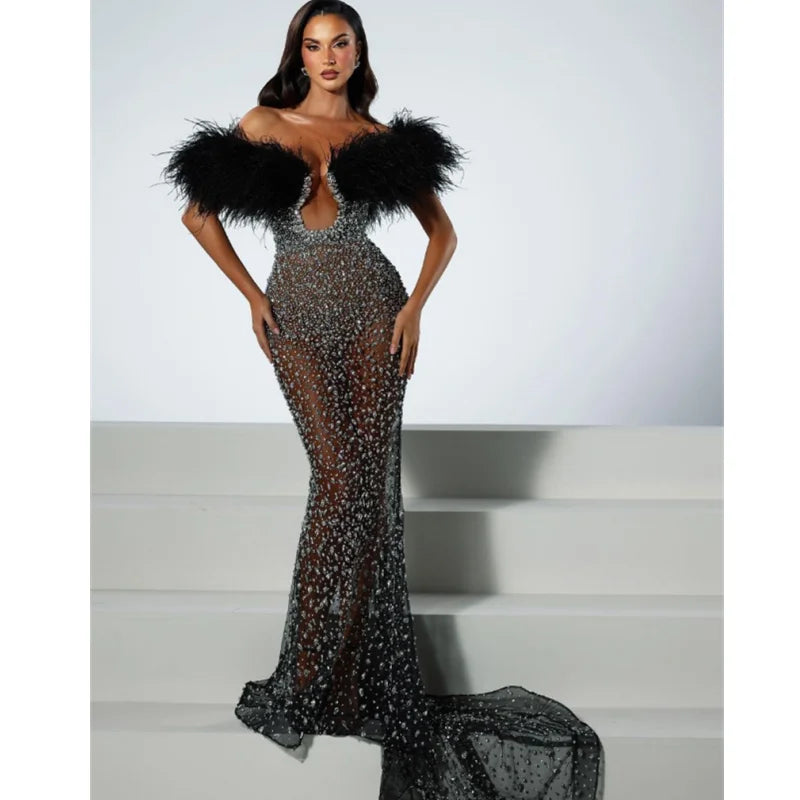Luxury Feather Dazzling Diamonds Sexy Mesh See Through Black Floor Length Dress Goddess Evening Party Dress Red Carpet Vestido