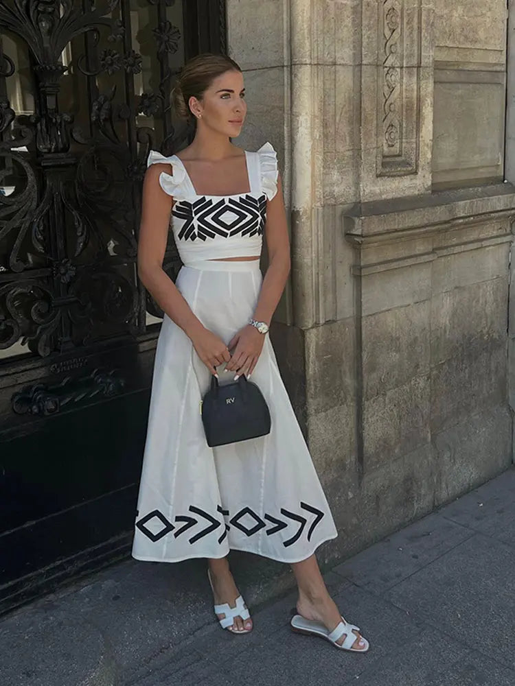 Fashion Print Skirt Suit Dress Women Spaghetti Strap Sleeveless Crop Top Skirt 2 Piece Set Spring Summer Lady Beach Outfits