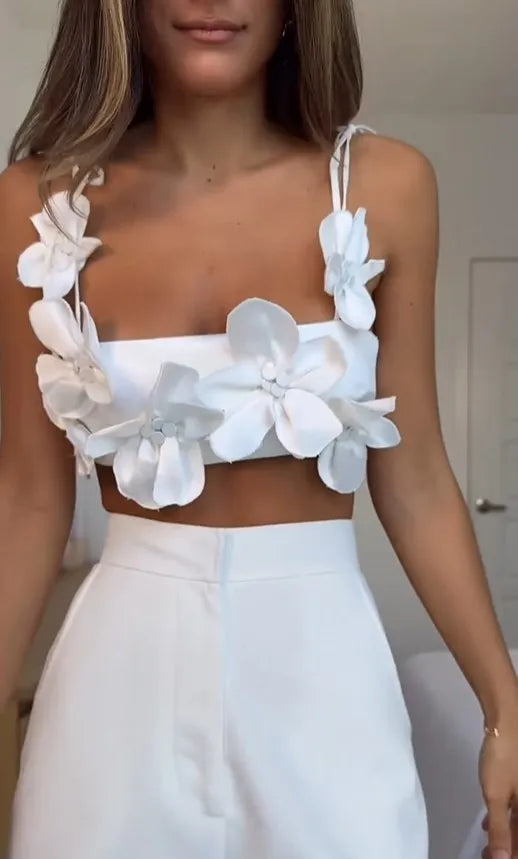 Summer Sexy 3d Flowers Sling Tank Tops Women Elegant Slim White Backless Crop Top New Chic Female Holiday Party Outfits