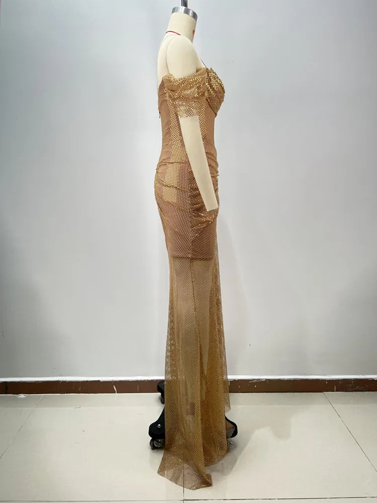 Women Celebrity Sexy Off Shoulder Diamonds Net Sparkly Gold Maxi Long Gowns Dress Elegant Evening Party Club Vestido