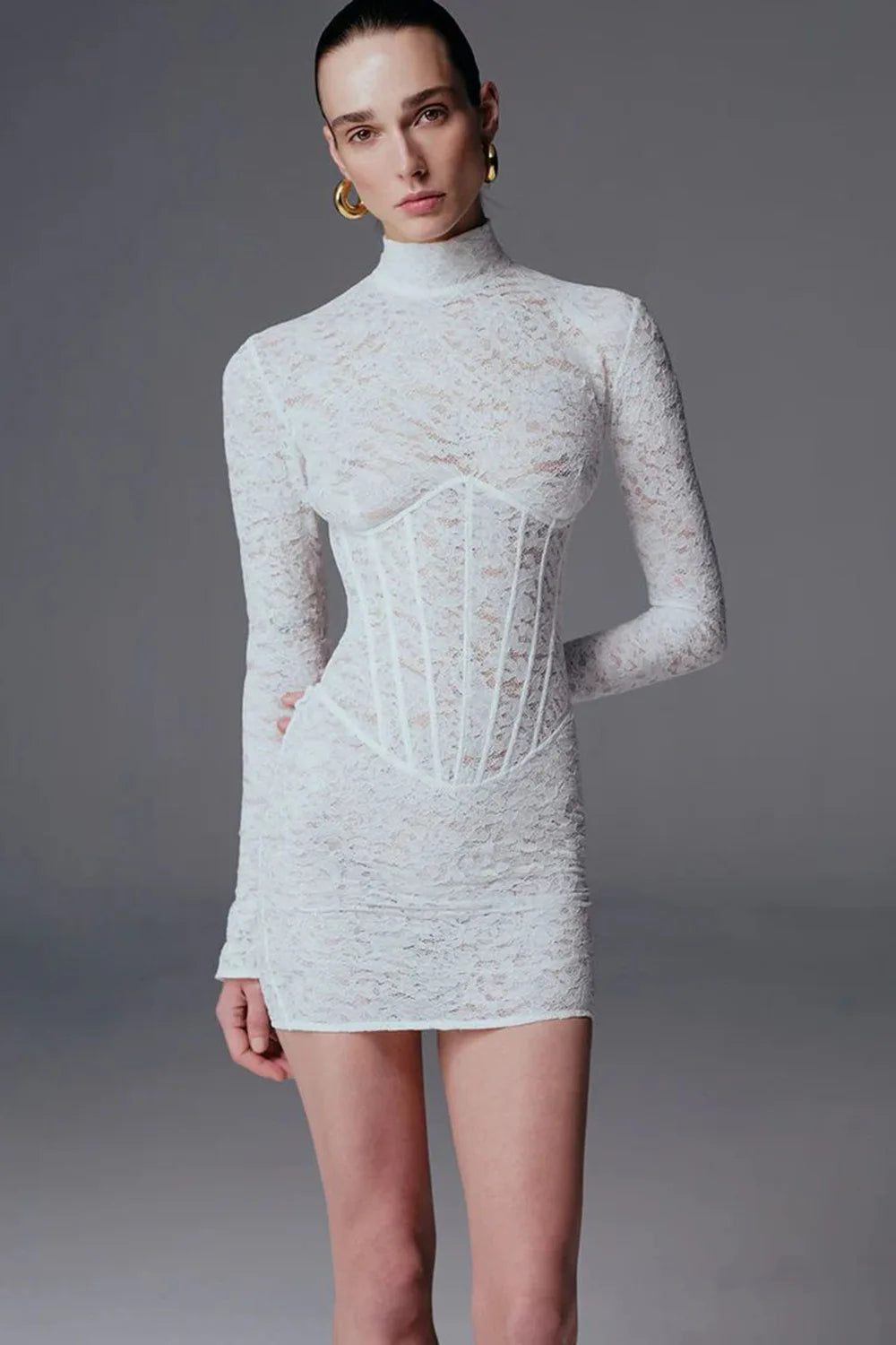 White Lace Long Sleeve Sexy Bodycon Mini Dress Celebrate Nightclub Party Birthday Photo Shoot Wear 2025 New Spring WHITE