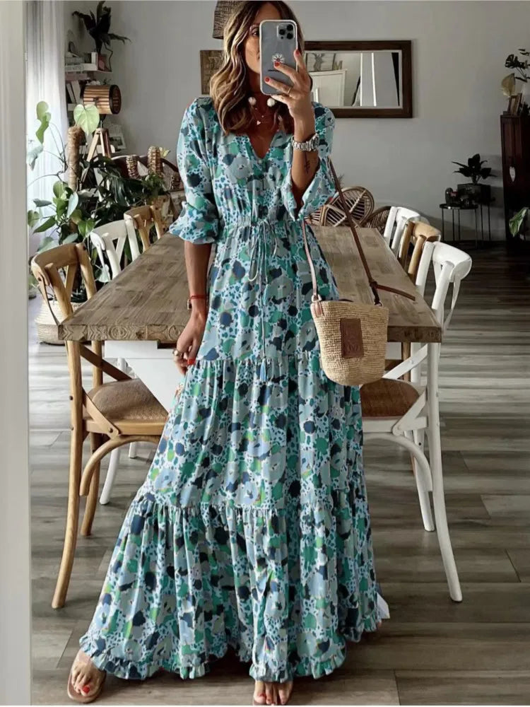 Spring Autumn Flower Print Long Dresses For Women Casual Holiday A-line Beach Dress Fashion Elegant Bohemian Style Maxi Vestidos