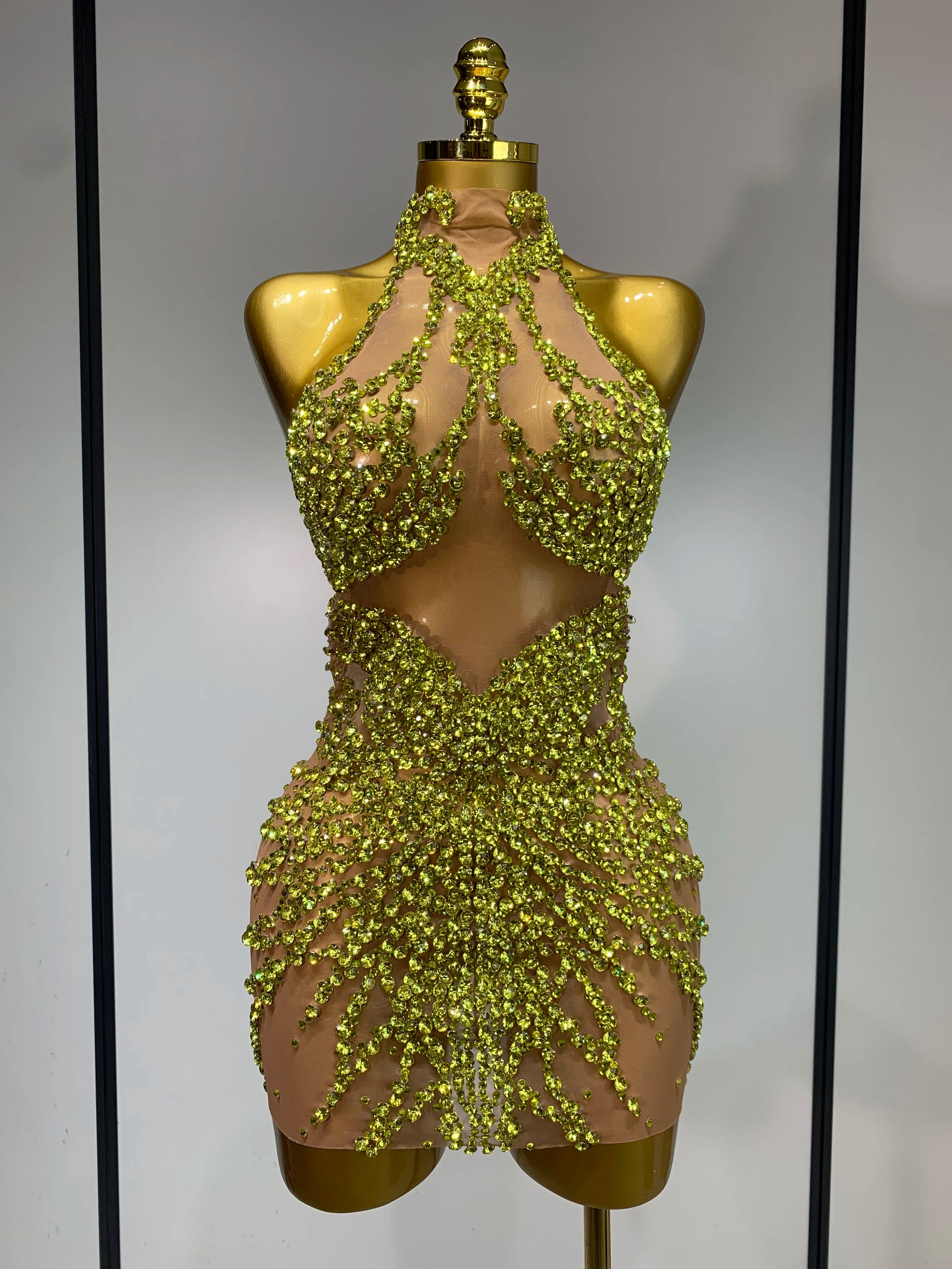 Luxury Rhinestones Mesh Transparent Prom Mini Dress Shinny Women Birthday Celebrate Party Prom Nightclub Outfit Stage Costume Gold