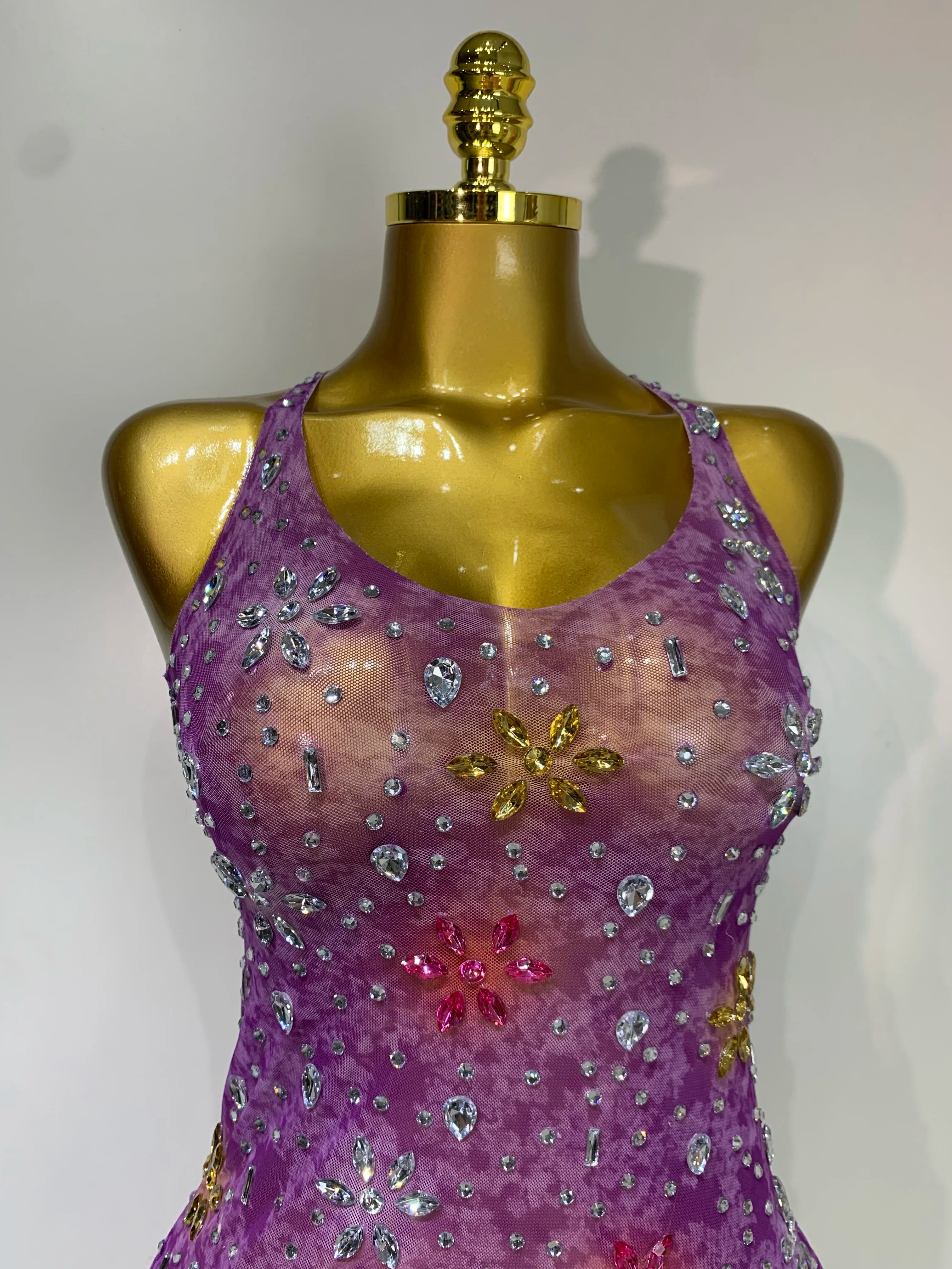 Women Sexy Mesh See Through Stretchy Sparkly Rhinestone Performance Costume Stage Dancer Nightclub Party Luxury Birthday Dress