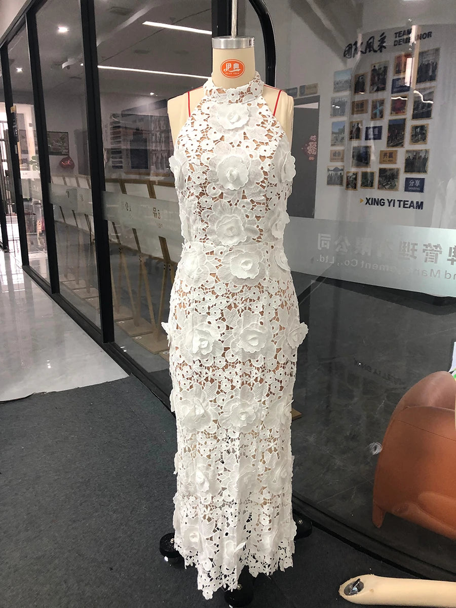 Solid Slimming Hollow Out Dresses for Women Halter Neck Sleeveless Patchwork Appliques Elegant Dress Female Fashion WHITE