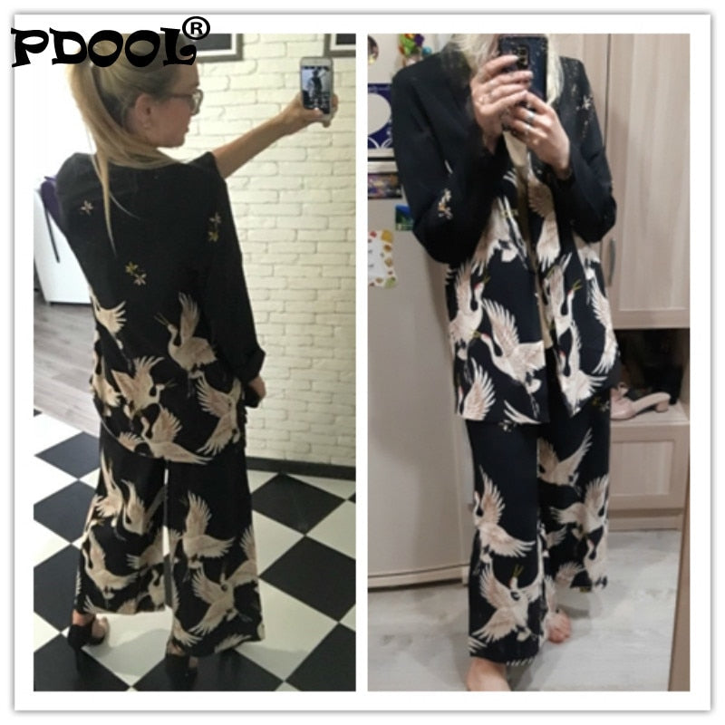 春/秋の女性のヴィンテージ服セットプリントブレザーワイドレッグレトロパンツ女性の鳥の衣装スーツ女性のオフィスレディ