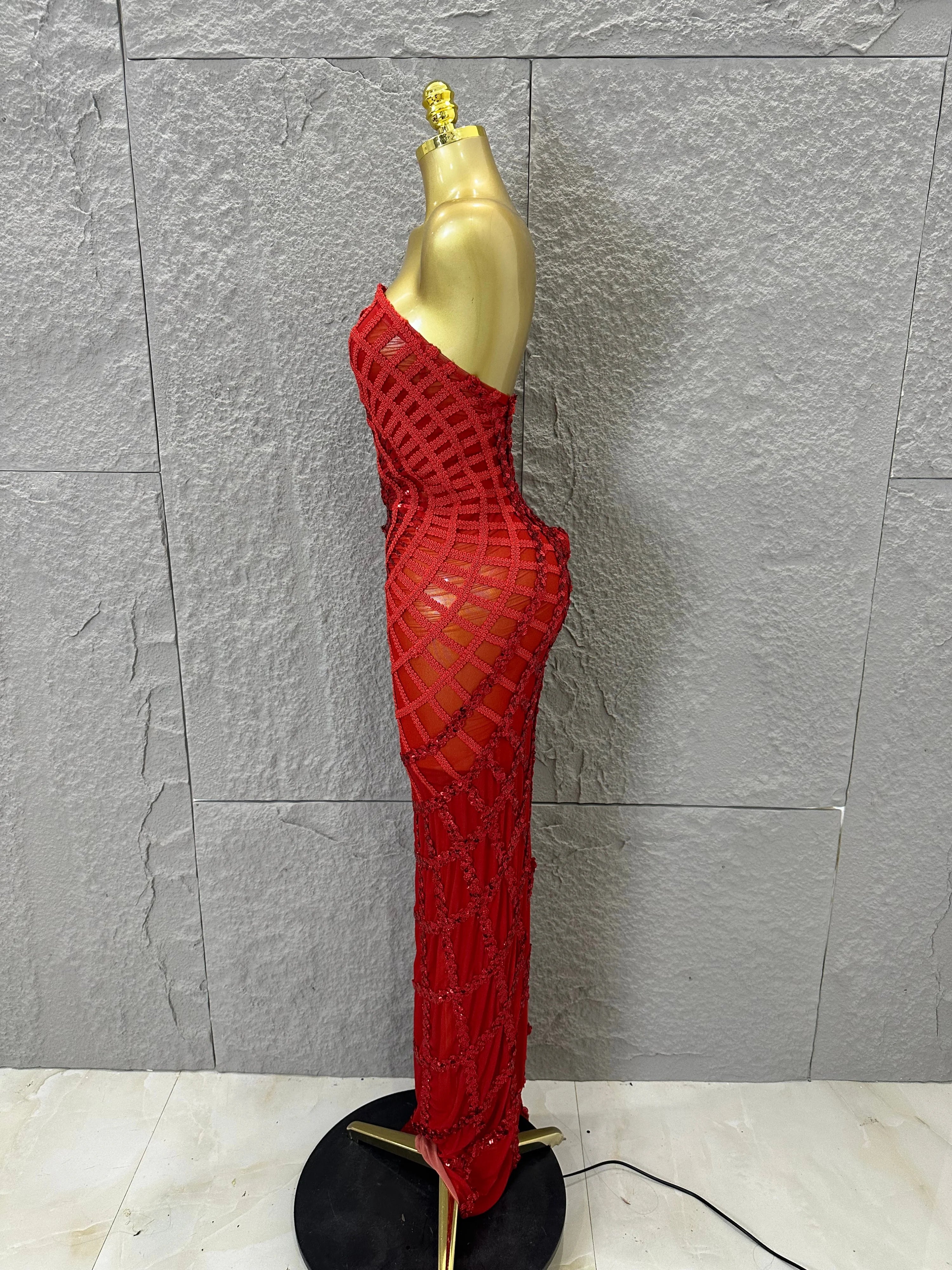 Women Sexy Strapless 3D Grid Embellished Bodycon Mermaid Outfit Stage Performance CostumeElegant Sequined Sheer Mesh Maxi Dress