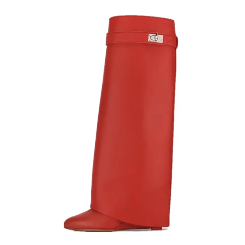 Shark Lock Women Boots Brand Design Genuine Leather Slip-on Knee High Boots For Woman Motorcycle Botas Mujer Fashion Wedge Shoes red