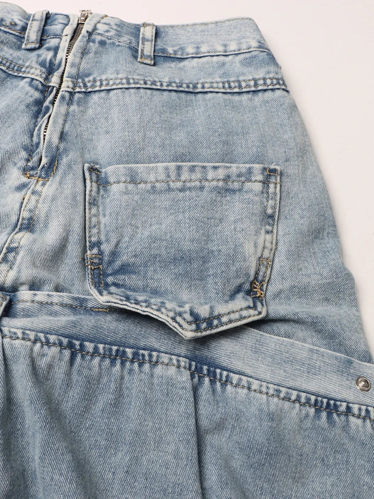 CHICEVER Minimalist Loose Denim Trouser For Women High Waist Patchwork Pockets Irregular Casual Solid Pant Female Summer Clothes