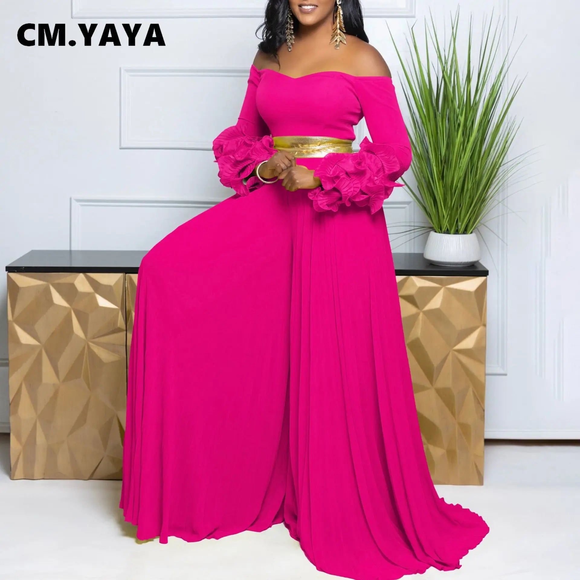 Women Long Ruffles Sleeve Pleated Slash Neck Wide Leg Long Jumpsuits Party Beach belt Street Sexy Africa Outfit Rompers