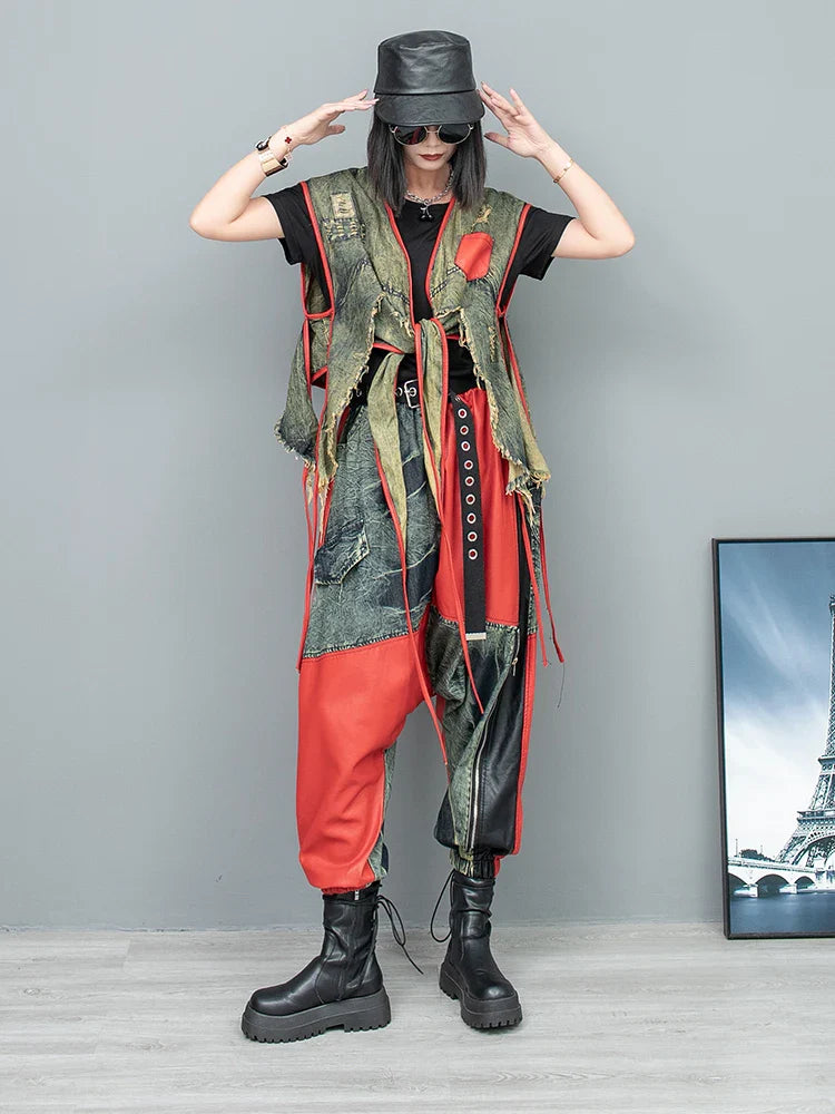 Spring Summer New Cool Distressed Denim Patchwork Irregular Vest + Hanging Crotch Pants Two-piece Set Women LX076 Red