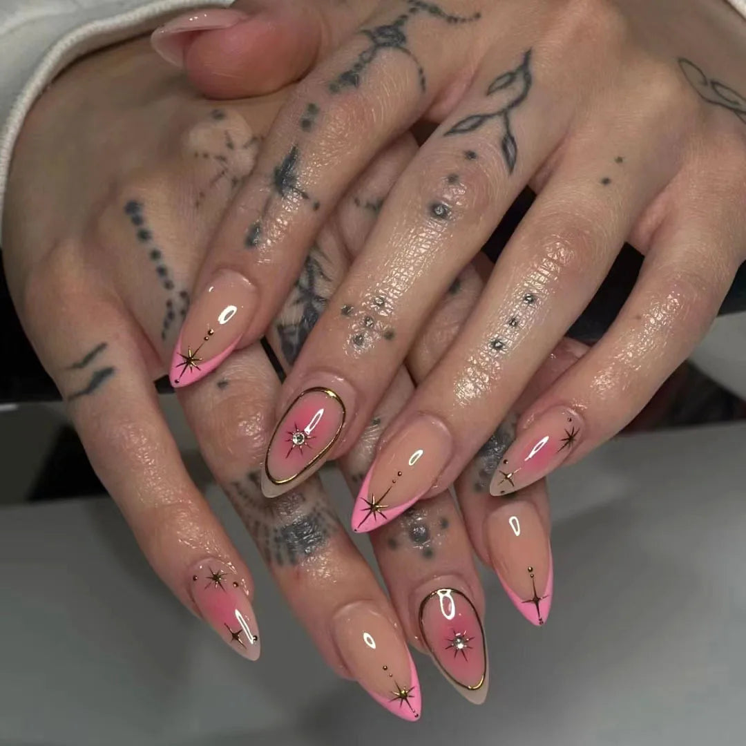 24Pcs Short Pink Fake Nails with French Gradient Design Wearable Almond False Nails Tips Golden Stripe Detachable Press on Nails 1