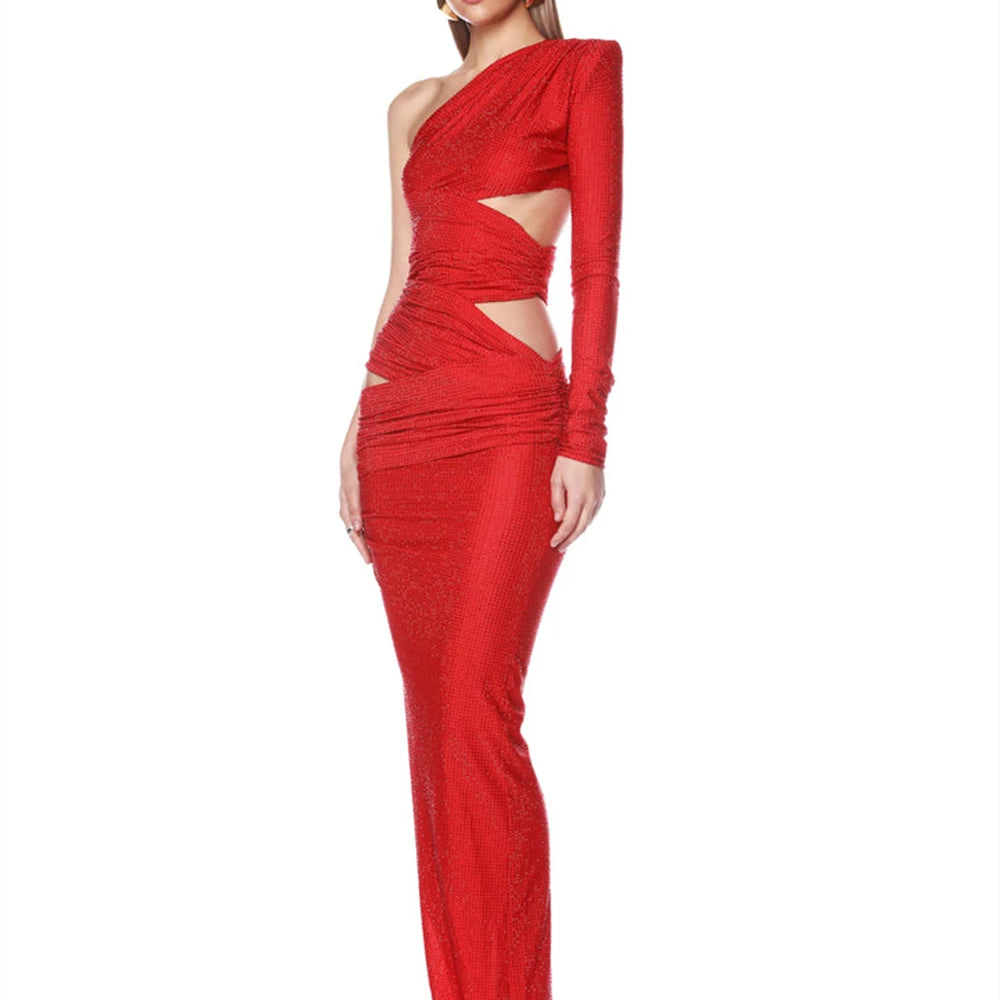 Sexy One Shoulder Hollow out Diamonds Long Dress Women Asymmetrical Cut Out Luxury Rhinestone Slim Dresses Evening Party Gowns