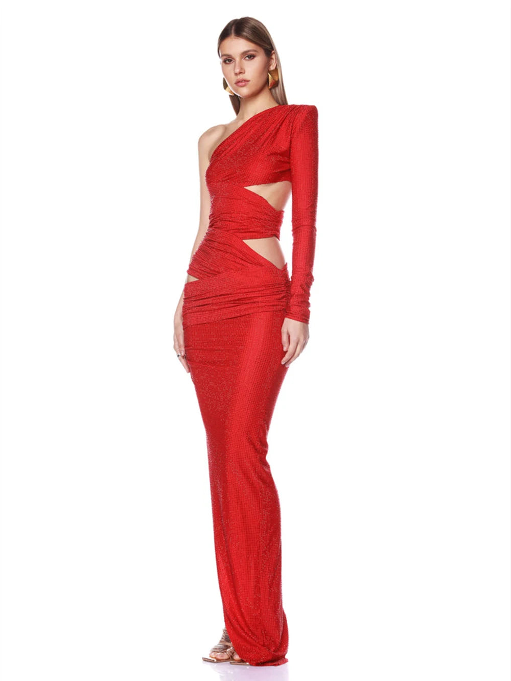 Sexy One Shoulder Hollow out Diamonds Long Dress Women Asymmetrical Cut Out Luxury Rhinestone Slim Dresses Evening Party Gowns