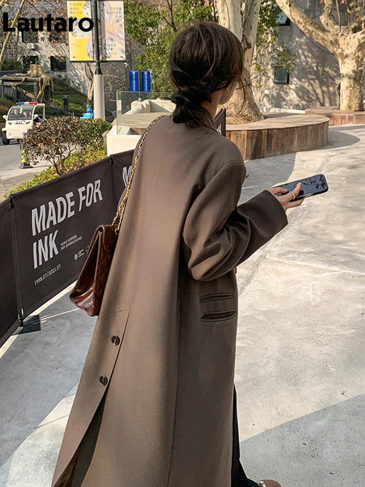 Autumn Long Coffee Flowy Blazer Coat Women with Back High Slit Double Breasted Loose Casual Korean Fashion Overcoat 2024