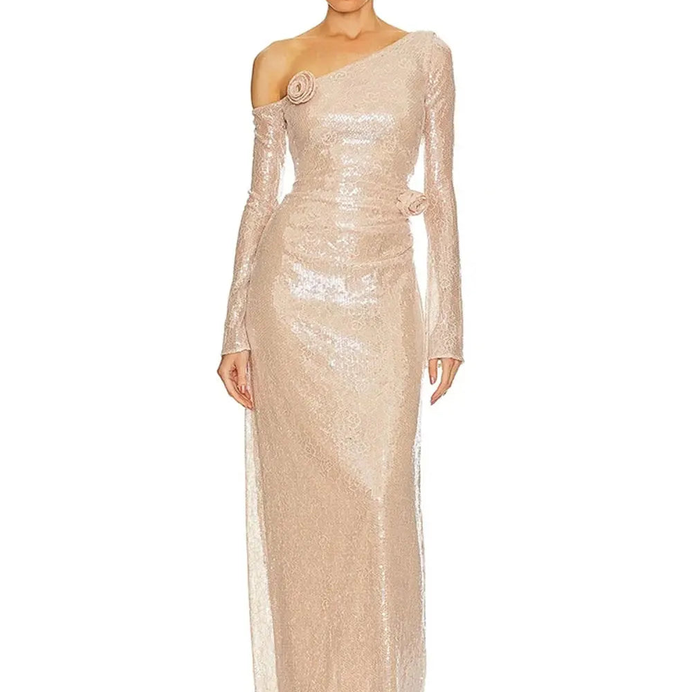 2025 Sexy Women's 3D Flower Shining Glitter Maxi Dress with Diagonal Collar Long Sleeve Bodycon Long Dress Evening Club Vestidos