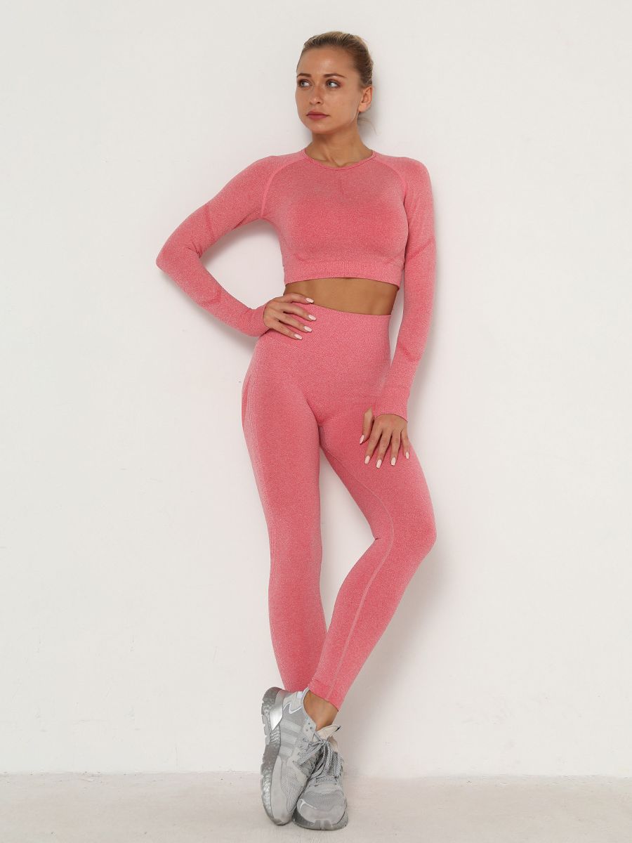 Women's Sets Skinny Tracksuit Breathable Bra Long Sleeve Top Seamless Outfits High Waist Push Up Leggings Gym Clothes Sport Suit New Set Pink