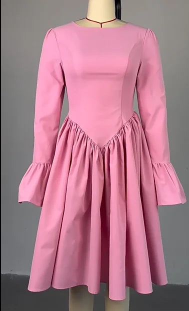 2025 Women O-neck Long Flare Sleeve Pleated Mini Midi Dress Backless Elegant Birthday Beach Night Party Vestidos Dresses