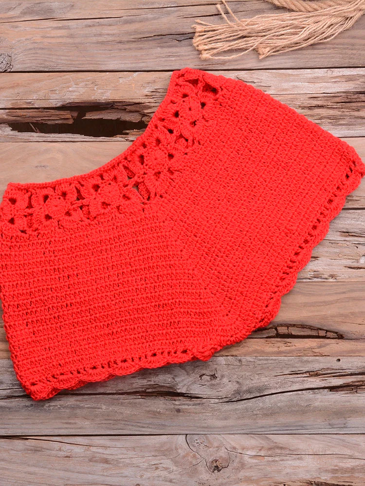 Bikini 2022 knitting Swimsuit Crochet Bikini Bohemia Style Off Shoulder High Neck Bathing Beach Bikinis Handmade Crochet Bikini Red Bottom