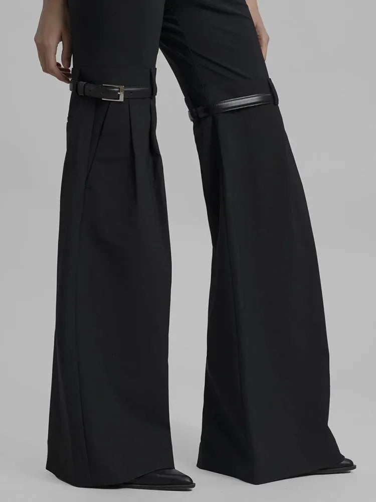 Patchwork Belt Wide Leg Pants For Women High Waist Slimming Solid Long Full Length Trousers Female Fashion Clothing