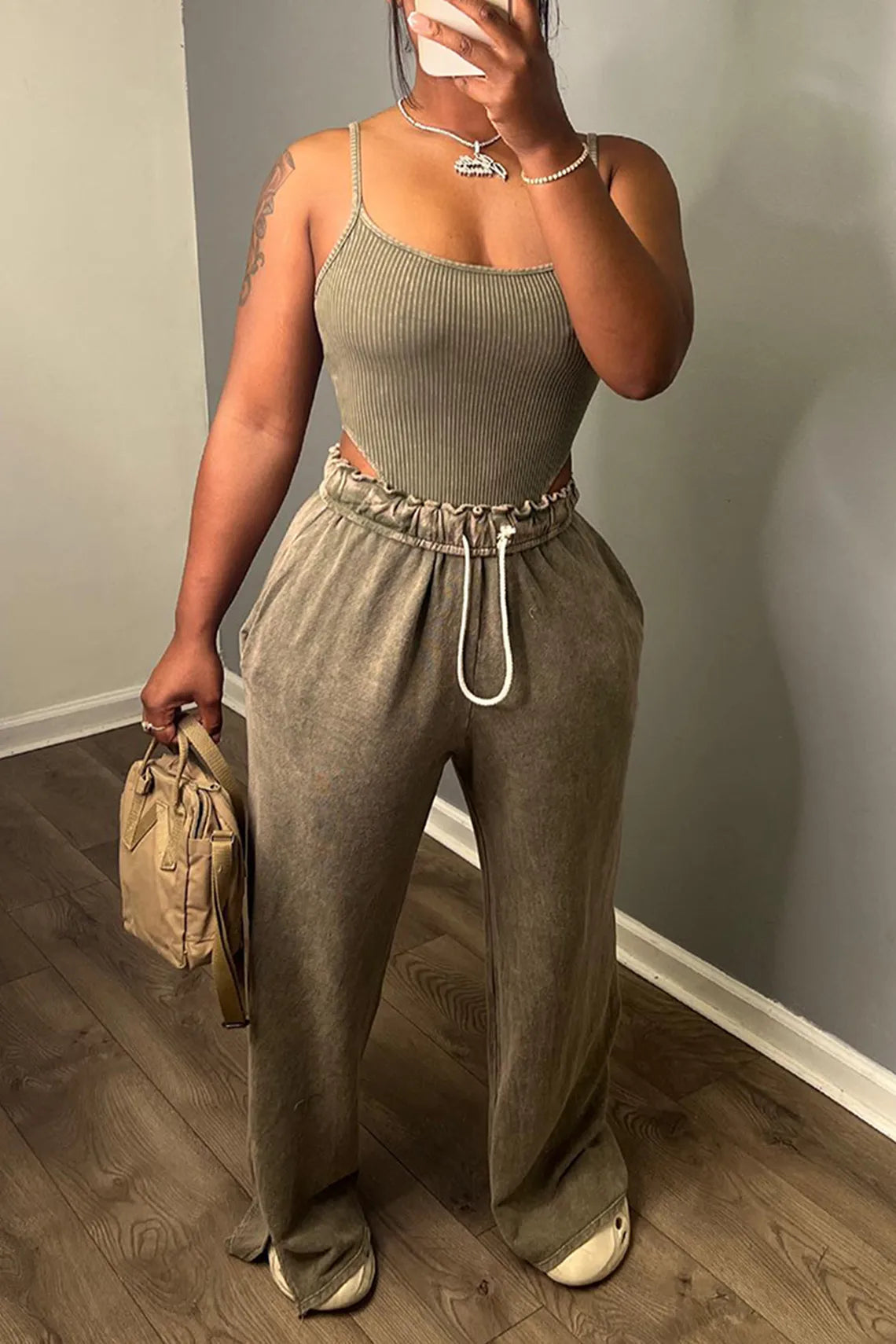 Summer Women’s Sets SleevelessTop and Elastic Wide Leg Pants Sets Sexy 2 Two Piece Sets Casual Night Club Outfits Khaki