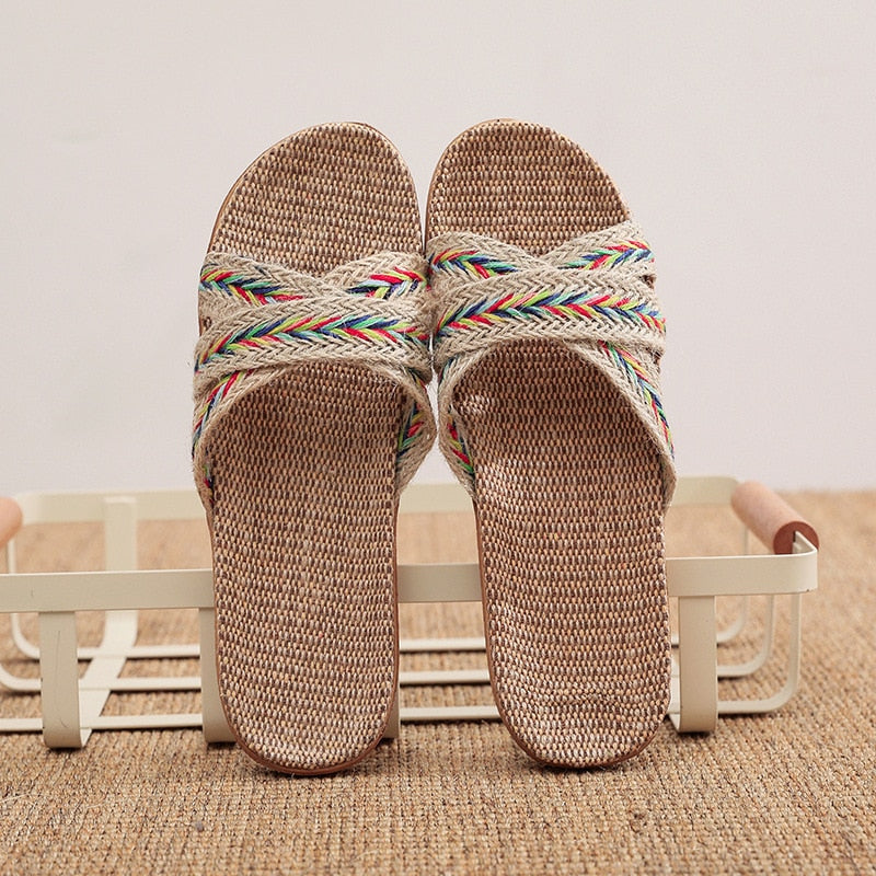 Summer Natural Flax Slippers 2022 Women Sandals Comfortable Non-slip Ladies Home Cross-tied Casual Indoor Shoes Multicolor