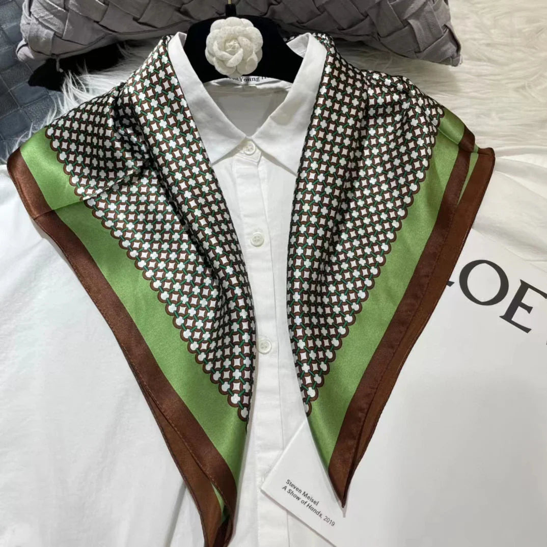 BYSIFA| New Grey Blue Silk Scarf Fashion Floral Design 70cm Square Scarves Fall Winter Neck Scarf Hijab Sweet Headband 65*65cm coffee green plaid