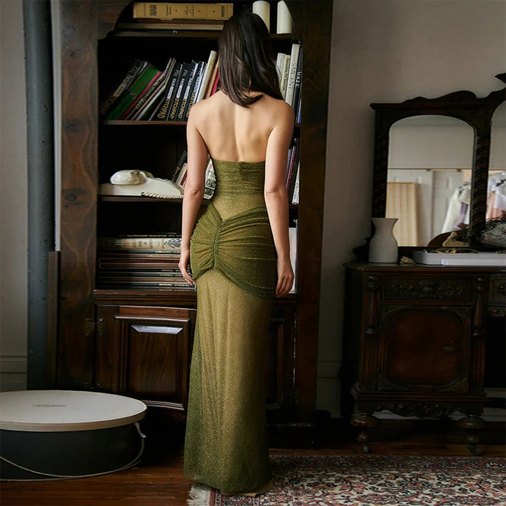 Armygreen Nude Color Women Sexy Strapless Bodycon Long Sequins Dress Celebrate Nightclub Party Birthday Fashion Dress Vestido