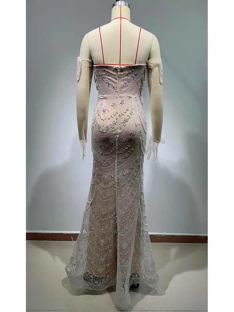 Women Luxury Sexy Strapless Backless Pearl Sequins Maxi Long Gowns Dress 2024 Elegant Evening Party Club Dress Vestido