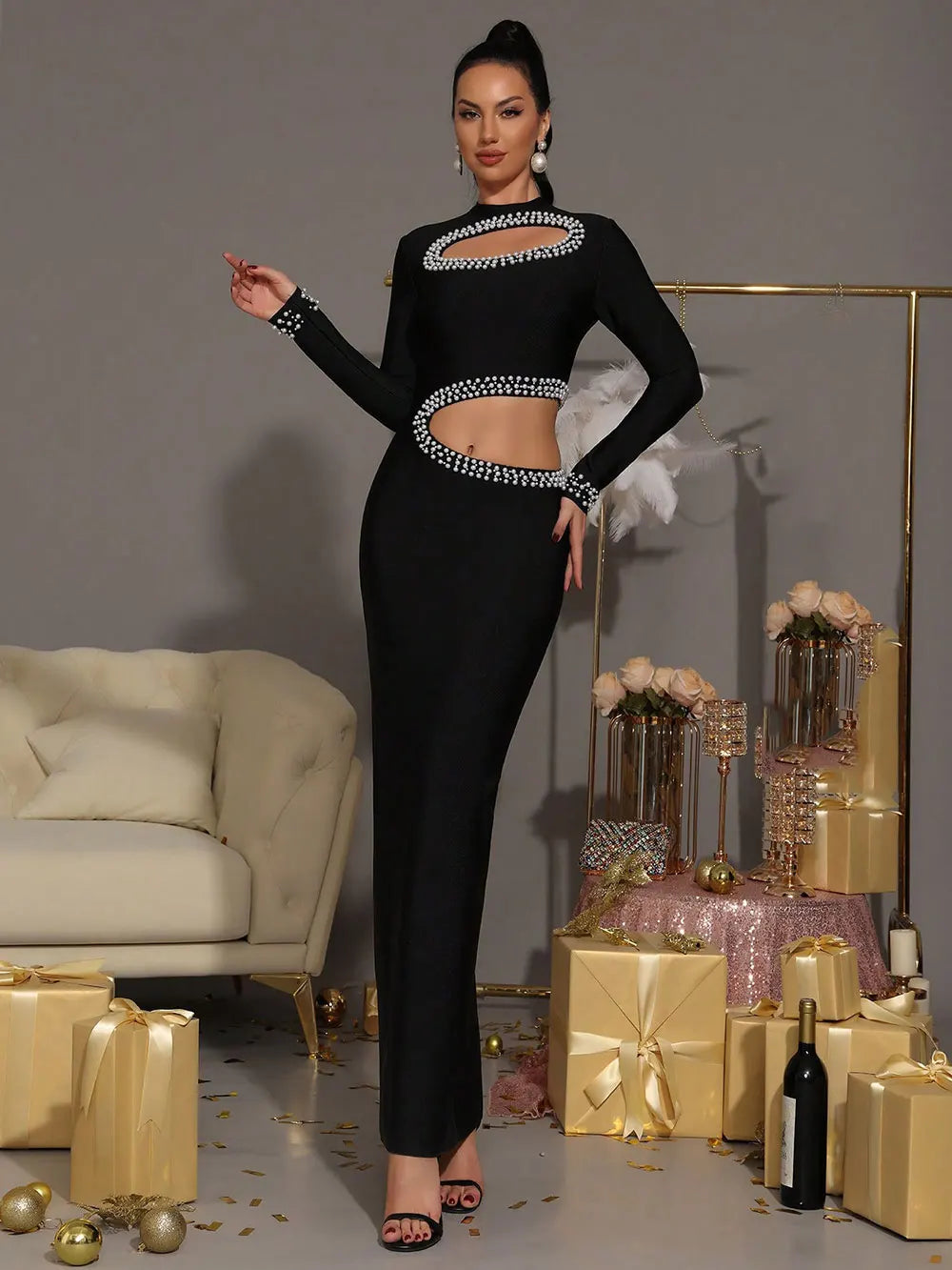 2025 Sexy Women's Pearl Nail Bead Design Bandage Long Dress Stand Collar Long Sleeve Bodycon Hollow Dress Cocktail Banquet Dress