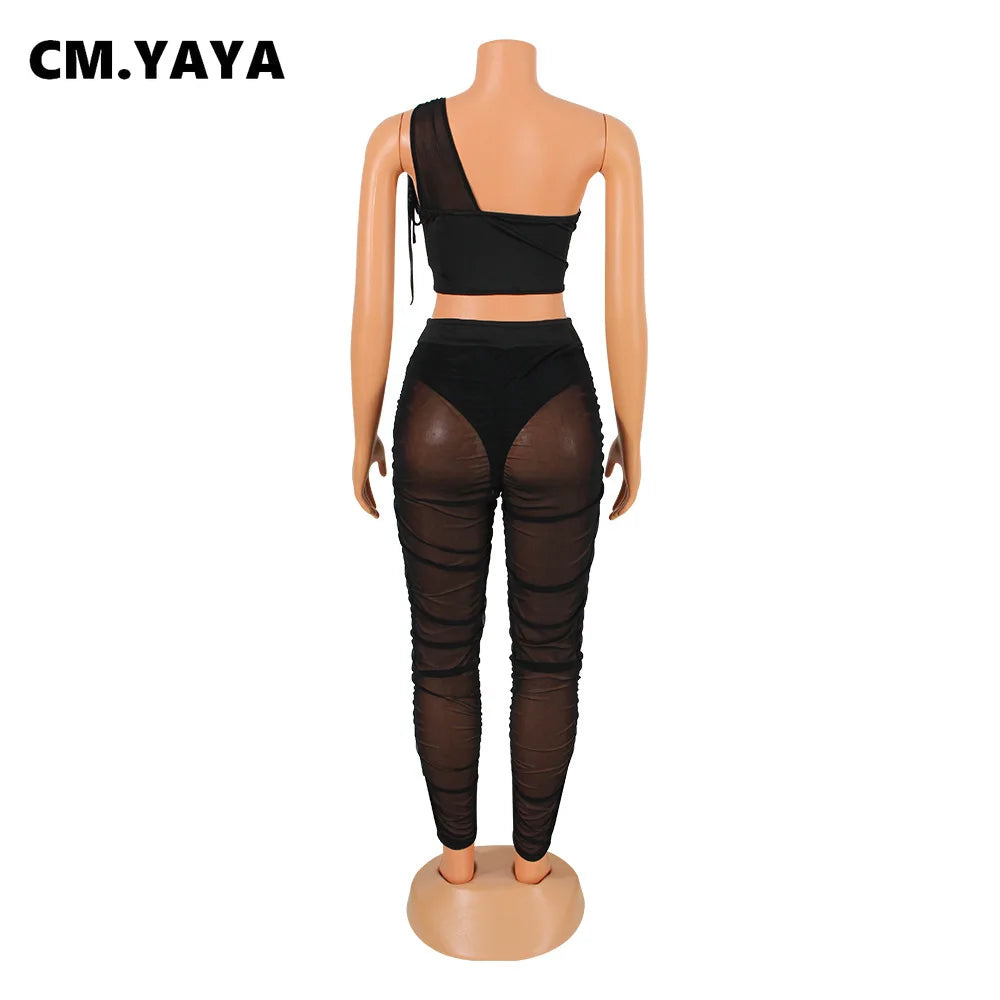 Mesh See Though Women's Set One Shoulder Sleeveless Crop Top and Stacked Pants Suit 2023 Two 2Piece Set Outfit Tracksuit
