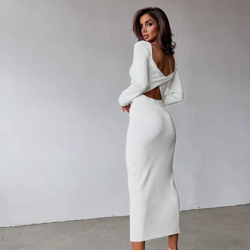 Autumn New Hot White Long-sleeved O-neck Chest-wrapped Hollow High Waist Slim Dress Crop Top Elegant Knee Skirt Rib Fabric Dress