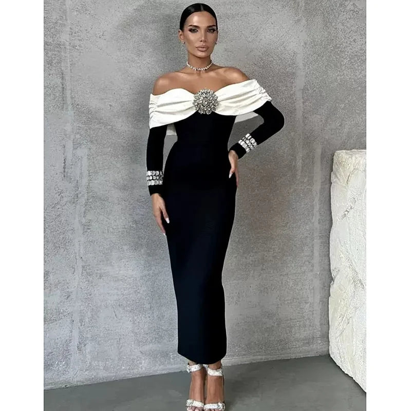 Sexy Off The Shoulder Luxury Diamonds White Patchwork Black Long Bandage Dress Elegant Woman Party Dress Wedding Party Vestido black