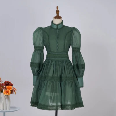 Runway Designer Embroidery Lace Patchwork Party Night Dress High Lantern Sleeve Stand A Line Vintage Elegant Dress dark green