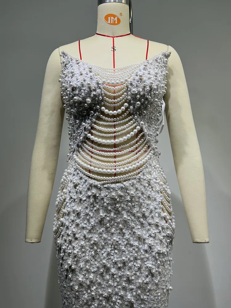 Women Luxury Sexy Strapless Backless Pearl Sequins Maxi Long Beige Gowns Dress Elegant Evening Party Club Dress Vestido