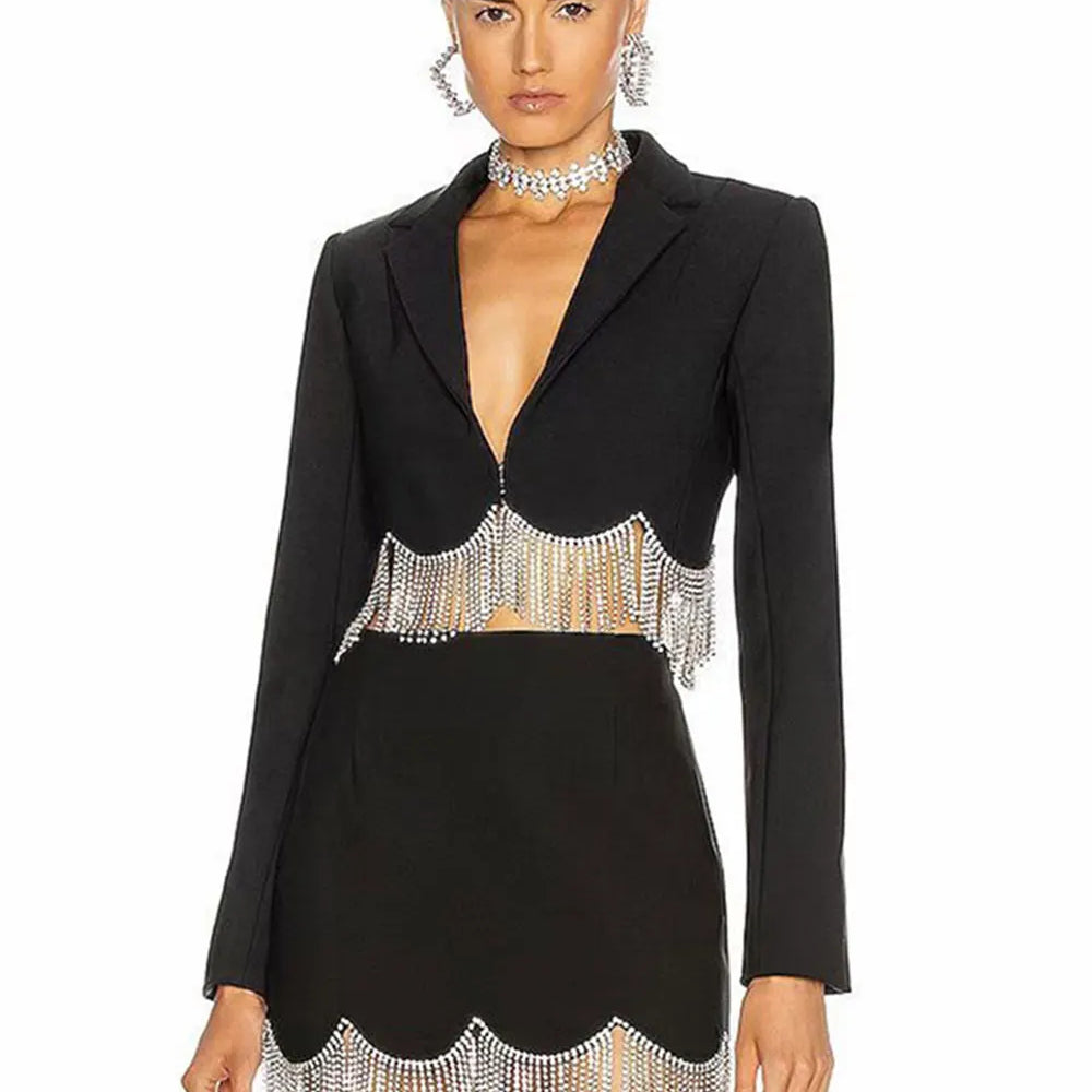 Sexy Women's Light Luxury Diamond Tassel Skirt Set with Flip Collar Long Sleeve Ultra Short Suit Coat+Mini Skirt Two Piece Set black